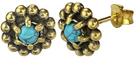 CHICNET Damen Ohrstecker Ohrringe Ohrschmuck aus Messing Stein Kristall, Kugelblume 10mm, antik Gold, Opal Onyx Jade Türkis Mondstein Glitzer weiß blau Aqua lila, Vintage Handmade Türkis