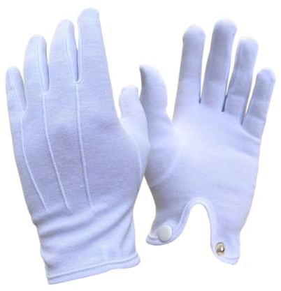 White Cotton Gloves for Men & Women, 100% Soft Cotton 220gsm, 3 Ribbed Lines, Metal Snap Fastener, Machine Washable, Formal Ceremonial Gloves for Military, Police, Funeral & Events, S-XL