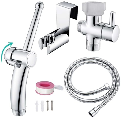 BARROCK Handheld Bidet Sprayer Combo Set for Toilet, Portable Bathroom Bidet Seat Attachment, 2 Way Installation Hang or Wall-Mount Shattaf Kit for Women with Brass T-Valve Explosion-Proof Hose Chrome