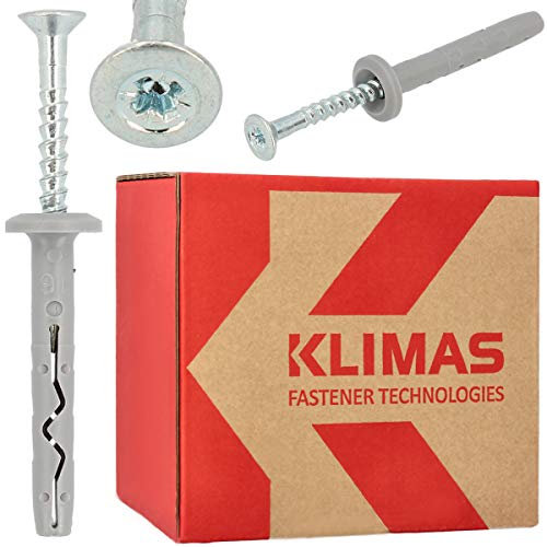 KLIMAS Schnellmontage Schlagdübel mit Kragen & Senkkopfschrauben 6,0 x 60 mm 200 Stück | Nageldübel Porenbeton Dübel Einschlagdübel Nagelanker Kunststoffdübel Langschaftdübel Set