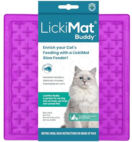 LickiMat Classic Buddy, Cat Slow Feeder Lick Mat, Boredom Anxiety Reducer; Perfect for Food, Treats, Yogurt, or Peanut Butter. Fun Alternative to a Slow Feed Cat Bowl or Dish, Purple