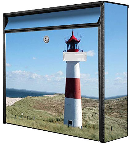 banjado® Burg-Wächter® Briefkasten mit Motiv Leuchtturm/Briefkasten ohne Zeitungsfach 32x36x10 cm groß/Briefkasten mit Namensschild A4 Einwurf inkl. Montagematerial & 2 Schlüsseln