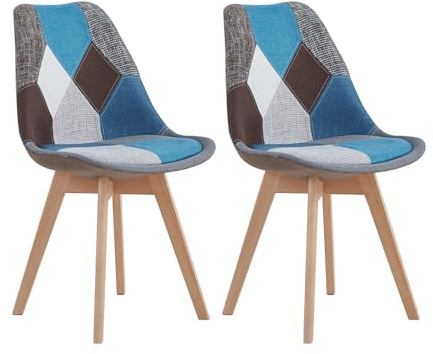 GrandCA HOME 2er Set Esszimmerstuhl mit Patchwork-Stoff und 2n aus Buchenholz, für Schlafzimmer und Wohnzimmer, Küche, Blau
