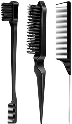 3 Pieces Hair Styling Comb Set Teasing Brush Rat Tail Comb Edge Brush for Edge&Back Brushing, Combing, Slicking Hair for Women (Black)