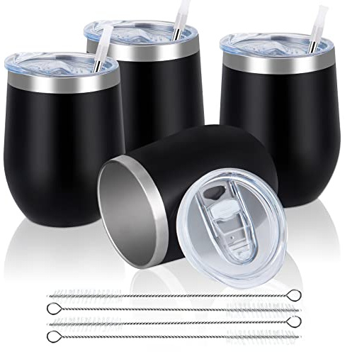 Joymaking Weinbecher To Go, 4 Stücke Weinbecher mit Deckel, Doppelwandige Unbreakable Weinbecher To Go für Milk, Kaffee, Wein, Bier, Champagner, Cocktails, Schwarz