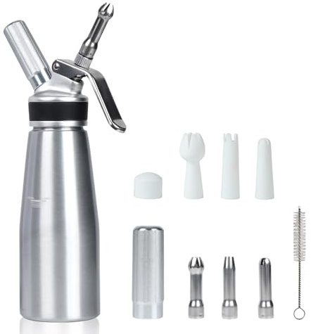 VIGIND Whipped Cream Dispenser,500ml Whipped Cream Canister with Sturdy Aluminum Body and Head,Whipped Cream Maker with 6 Decorating Nozzles,Use Standard 8 Gram N2O Chargers (Not Included)