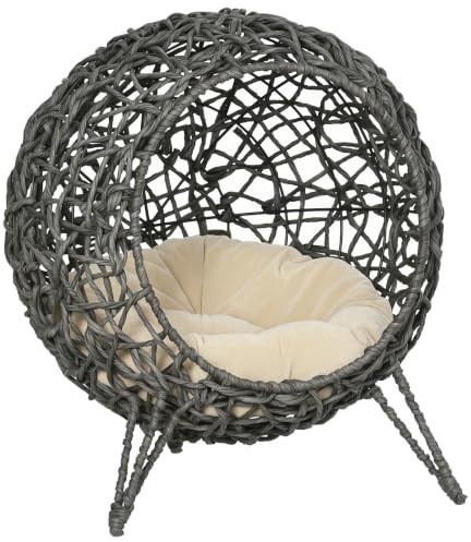 PawHut Rattan Elevated Cat Bed House Ball Shaped Silver-Tone and Grey | Kitten Basket, Pet Furniture, w/ Removable Cushion