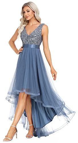 Ever-Pretty Robe de Bal Longue Paillettes Tulle Col V Asymétrique A Line Brillante Bleu Denim 52