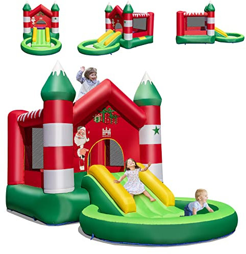 COSTWAY Château Gonflable avec Toboggan pour Enfants 3-10 Ans Thème de Noël, Aire de Jeux avec Trampoline, Piscine Rondes à Balles Mur en Maille Ventilée, Charge 135KG (sans Souffleur)…