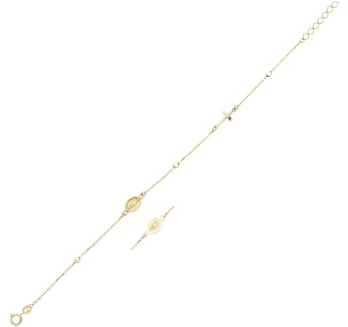 JC Schmuck | Damen Rosenkranz-Armband mit Mutter Maria in 585 Tricolor I Kugel Armband mit Kreuz Goldarmband Ankerkette | Länge verstellbar bis 19 cm | 8405