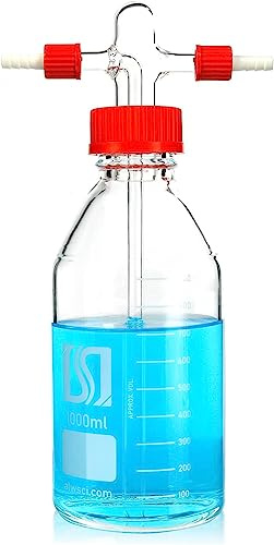 ALWSCI 1000mL Gaswaschflasche Gas Washing Bottle, Borosilikatglas-Laborgaswaschflasche mit GL 45 Polypropylen rot Schraubverschluss-System, 1set