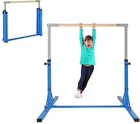 COSTWAY Barre de Gymnastique Pliable pour Enfants avec 13 Hauteurs Réglables (90-150cm), Barre d'Entraînement Junior Extensible avec Structure Triangulaire, Charge 100kg pour Maison Salle de Gym(Bleu)