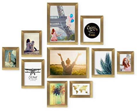 PHOTOLINI Bilderrahmen Set Gold, Fotorahmen Holz MDF, 10er Bilderrahmenset Wand Collage, photo frames for wall mit Acrylglas aufhängen, goldene Bilderrahmen Set verschiedene Größen mit Zubehör