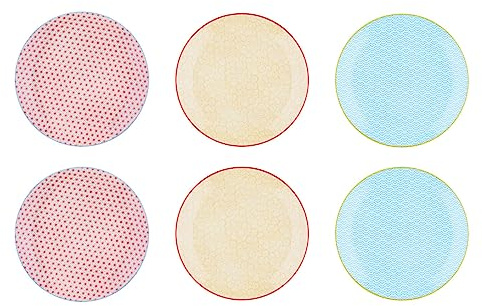 Björn, Collection Pattern, Lot de 6 Assiettes Plates en Porcelaine, Bleu Clair/Rouge/Jaune - Compatible Micro-ondes et Lave-vaisselle
