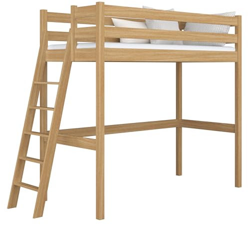N-wood N02 Hochbett, Etagenbett 80x180 cm, aus Eichenholz, 2 Leitermontageseiten: Links oder rechts, sichere abgerundete Kanten, Stabile Massivholzkonstruktion, inklusive Lattenrost, Natureiche