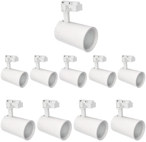 JANDEI - Pack x10 Faretti a Binario LED da Soffitto 30W, Bianco Caldo 3000K, 3000 Lumen, 185V-265V AC Monofase, Alluminio Per Camerino, Vetrina, Negozio, Ufficio. (Bianco)