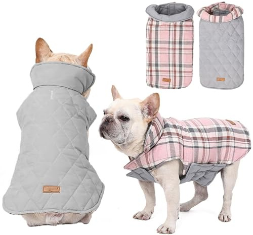 RUYICZB Hundemantel Winter, Hundejacke Für Kleine Mittlere Große Hunde, Wasserdicht Und Warm, Outdoor Mit Geschirr Loch Karierte Wendejacke, Rosa, L