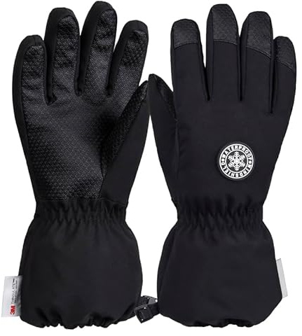 QKURT Kinder Ski Handschuhe, Warme Winter Handschuhe für Jungen und Mädchen, Wasserdicht, Flexibel, Schwarz, Größe L
