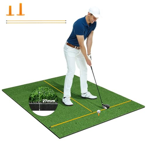 COSTWAY Tapis de Frappe de Golf avec 2 Positions de Tee | Tapis d'Entraînement de Golf pour Intérieure/Extérieure avec 2 Bâtons d'Alignement et 6 Trous de Tee Pré-percés