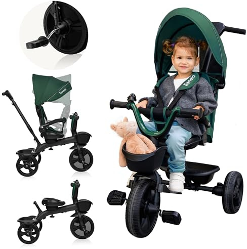 Lionelo Kori Trehjuling 2-i-1 (18 mån–5 år) upp till 25 kg, Vändbar Sits 360°, Justerbar Skjutstång, Frihjul, 3-Punktssele, PU-Hjul 10”/8”, Lätt Magnesiumram, Sufflett, Fotstöd, Korgar och Väska, Grön