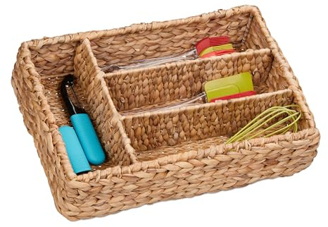 Relaxdays Portaposate da Cassetto, 4 Scomparti Posate, 10,5x42x29 cm, Cestino Giacinto Acquatico Intrecciato, Naturale