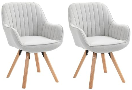 Meuble Cosy Set med 2 skandinavisk matsalsstol sminkstol svängbar sits med armstöd för sovrum vardagsrum kök kontor, vadderad med massivt trä ben, beige, 60 x 58 x 83 cm