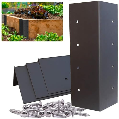 Confezione da 4 staffe angolari rialzate per aiuole da giardino con viti in legno per letto da 50,8 a 61 cm, resistenti alla ruggine, connettori in metallo 27,9 x 7,6 x 7,6 cm, per piante da giardino