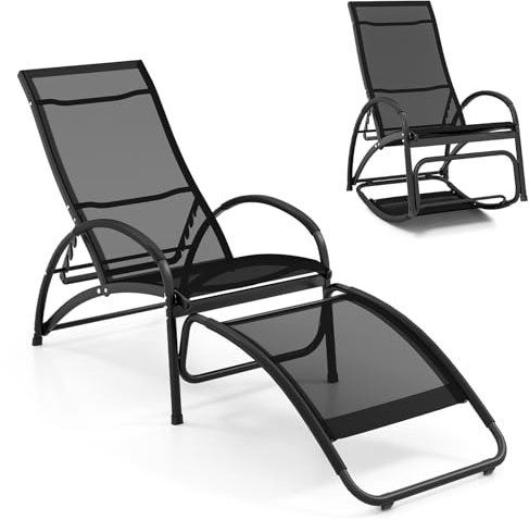 GOPLUS 2 in 1 Sonnenliege Outdoor, Gartenliege aus Alu bis 150kg belastbar, Liegestuhl Schaukelstuhl ergonomisch mit verstellbare Rückenlehne, Schwingliege für Garten Hof Terrasse Pool (Schwarz)