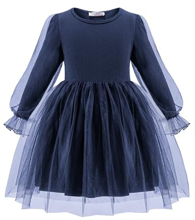 Arshiner Niñas Vestidos Tul Vestido de Manga Larga Niños Elegante Mangas Farol A-Line Vestido de Fiesta Casual Festiva Moda Otoño Invierno Vestido para Niñas 5-6 Años Azul Marino