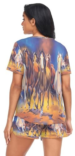 HMZXZ Damen Schlafanzug-Set Aquarell Pferds Kunst Sommer Pyjama Woman Set,Tier Loungewear und Shorts Lounge Set Sleepwear Nachtwäsche