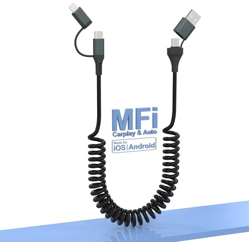Cable USB C y Lightning 4 en 1 para Apple Carplay y Android Auto, [certificado MFI] Cable en espiral Lightning PD 60 W Carga rápida y sincronización de datos Compatible con iPhone 16/15/14/13/12