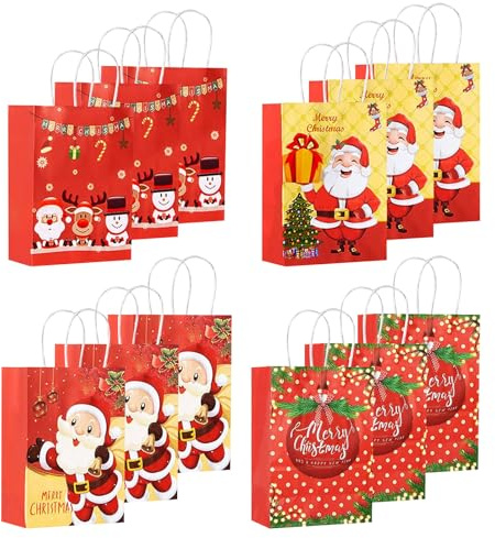 Weihnachtskraft Geschenktüten, Weihnachten Papier Geschenk Taschen, 12 Stück Weihnachtsgeschenktüten, Kraftpapier Tüten Weihnachten, Geschenktüten mit Griff, Geschenkverpackung (22 * 11 * 27 cm)