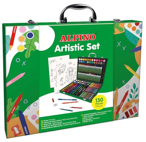 ALPINO - Maletín Artístico Alpino 130 Piezas | Set Completo para Artistas | Incluye Ceritas, Lápices de Colores, Acuarelas, Pinturas Acrílicas, Rotuladores Doble Punta y Más