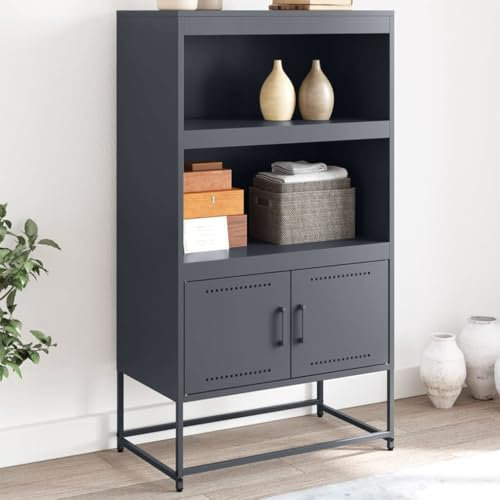 WIFESE Sideboard für Esszimmer Anthrazit Buffet Cabinet 68,5x38,5x123,5 cm Stahl Schlafzimmer Wohnzimmer Highboard Mit seinen 2 Ablagen und 2 Fächern Industrie-Stil Aufbewahrungsschrank Flur