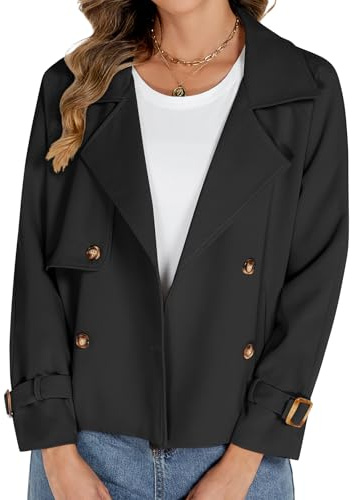 Tuopuda Trench Donna Corto Giubbotto Giacca Primaverile Autunnale Doppiopetto Classico Antivento Trench Coat Maniche Lunghe Trenchcoat Cappotti Mantello Windbreaker Giacche con Tasche, Nero, XL
