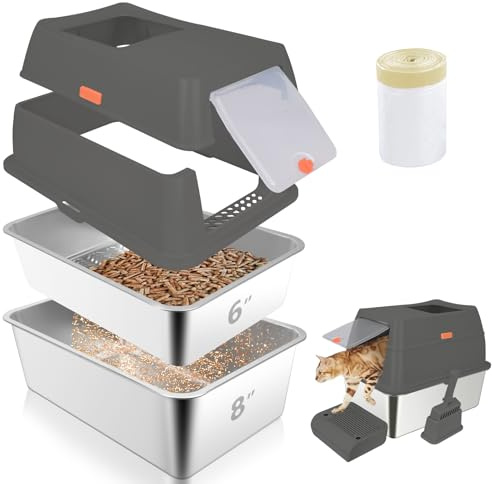 GOYJOY Stainless Steel Sifting Litter Box with Lid,23.6''x15.8''x8''Large Pellet Cat Litter Box,Metal Sifting Litter Boxes for Pine Pellets,Anti Urine Leakage,Include Foot Pedal&Scoop&Litter Bags