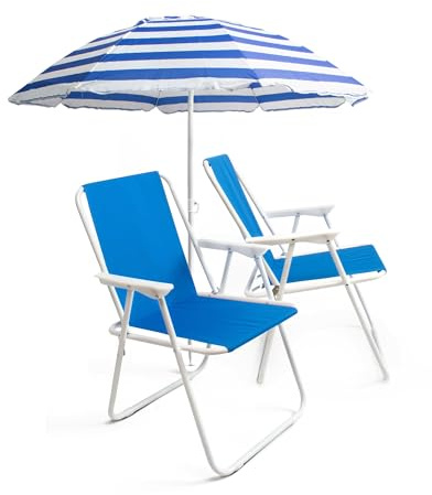 THE SECRET HOME - Pack de Sombrilla y Dos Sillas de Playa Plegables - Ideal para Playa y Piscina - Sombrilla y Sillas de Aluminio y Revestimiento de Tela (Pack 13)