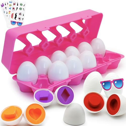 Wanonoo Juguetes de Huevos 12 Pcs Juguetes Montessori de Reconocimiento de Formas y Colores Clasificación Puzzle Learning Juguete Educativos Juguetes Niños 1 2 3 Año Regalo de Pascua Cumpleaños