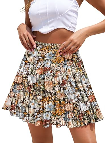 CYiNu Mini Skirt Summer Boho Flowy Chiffon Elastic High Waisted A Line Tiered Pleated Mini Skirt, Coffee Floral, XL