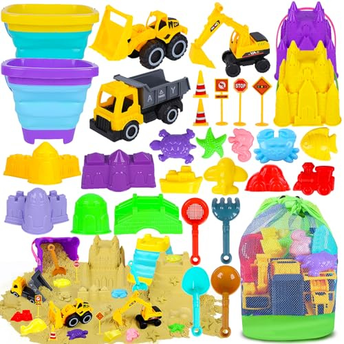 Eiranss Beach Sand Toys for Kids - 31Pcs Sandbox Toy Set with 3 Trucks, 2 Collapsible Buckets, 2 Castle Buckets, Sand Molds, Shovels & Mesh Bag, Travel Summer Toy for Toddlers Boys Girls Age 3-10