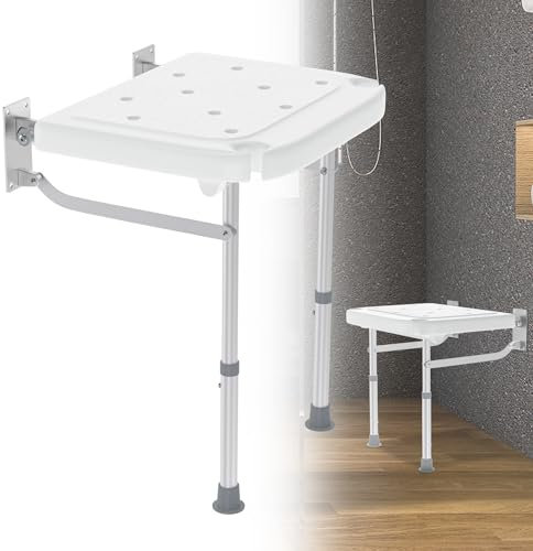 HENGMEI Duschstol, hopfällbar väggmontering, duschklappstol, justerbar höjd 42–52 cm, duschpall med halkfria fötter, aluminiumlegering badpall, vikbar sits