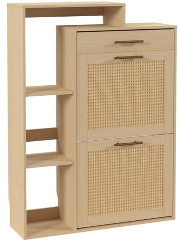 EORMM Schuhschrank Schmal Holz | 80x25x109 cm | Platzsparend Slim Rattan Schuhschrank Mit Schublade, Türen & 3 Verstellbaren Böden | für Große Schuhe bis Gr. 44 | Für Landhausstil Flur