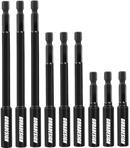 GURADESIGN 9-Piece 1/4”Magnetic Extension Socket Drill Bit Holder, 60mm 100mm 150mm Long(2.36-9), 9pcs Screwdriver Extension, Quick-Change Hex Shank Set