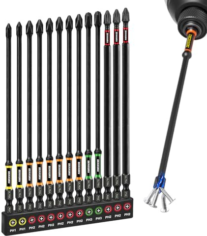 Geinxurn Impact Phillipes Screwdriver Bits Set, 13pcs 150 mm (PH1/PH2/PH3) Magnetic D2 Steel Long Extension Driver Bits Set with Color Coded Base