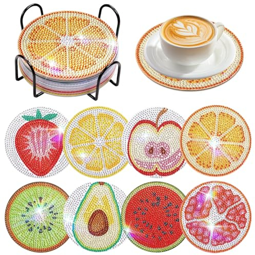 zhongko 8 Pcs Diamond Art Coasters, Crystal Decorative Fruit Pattern Art Cup Mat, Round Wooden Coasters