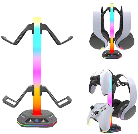 RGB Headset Stand with Controller Holder – 2-Tier LED Gaming Organizer for PS5, PS4, Xbox, Switch – USB & Type-C Charging Dock – RGB Light Display for Desk Setup