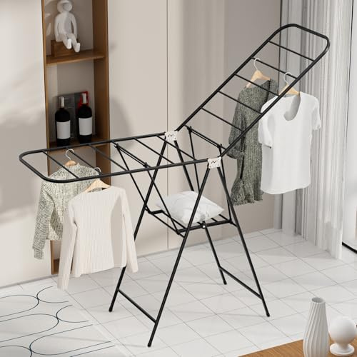 LINASHI Tendedero de ropa resistente, estante de secado con alas de gaviota, 71 pulgadas con ruedas, soporte plegable grande con estante de secado de zapatos, secadora de tela extragrande de 3 capas