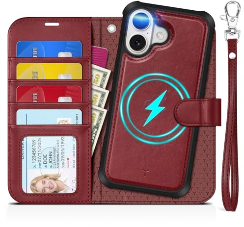TUCCH Coque 2 en 1 pour iPhone 17 6,3 5G 2025, Rouge Foncé | RFID Blocage, Dragonne Amovible, Cuir Synthétique, Fonction Support, Fermeture Magnétique