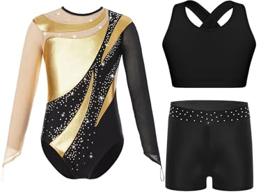 Oyolan Kinder Mädchen Turnanzug Glitzer Gymnastikanzug Langarm Gymnastikbody mit Kurze Hose und Top Wettkampf Tanzkostüm