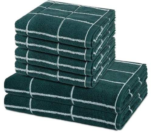 Ross 6-teiliges Sensual Skin Karo Handtuch-Set – 4 x Handtücher, 2 x Duschtücher – Saugstarker Walkfrottee 500 g/m² aus 100% Baumwolle, Mit Aloe Vera Veredelt – Hautfreundlich (Moosgrün)